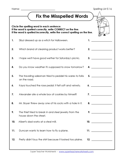 Printable Worksheets - Fix the Misspelled Words (E-16)
