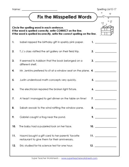 Printable Worksheets - Fix the Misspelled Words (E-17)