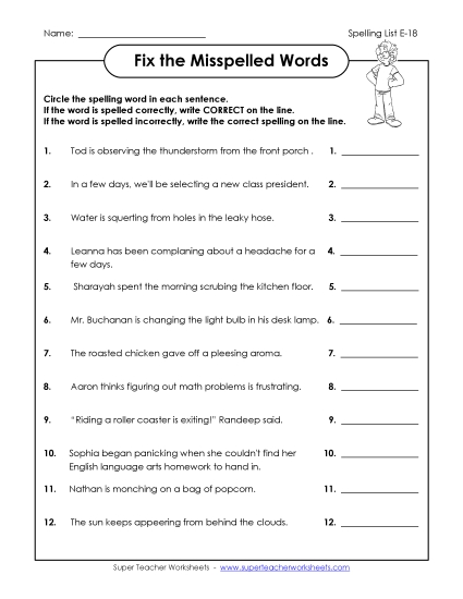 Printable Worksheets - Fix the Misspelled Words (E-18)
