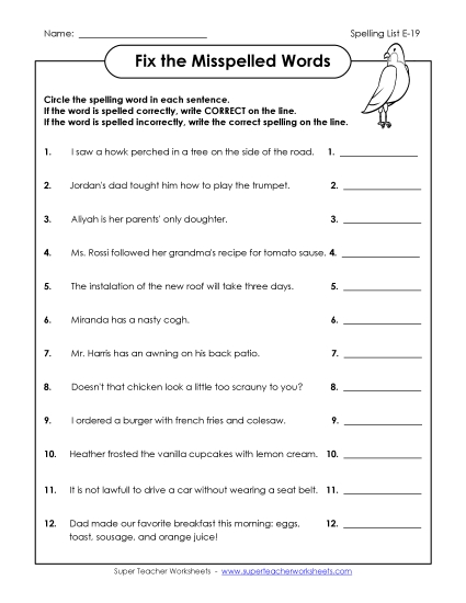 Printable Worksheets - Fix the Misspelled Words (E-19) 
