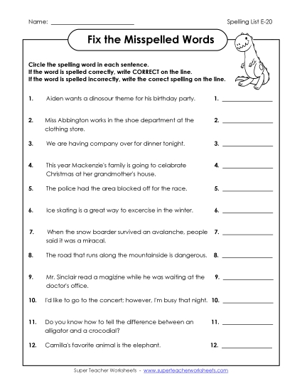 Printable Worksheets - Fix the Misspelled Words (E-20)
