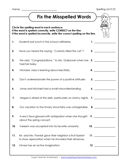 Printable Worksheets - Fix the Misspelled Words (E-22)