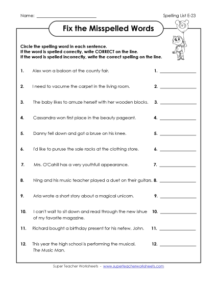 Printable Worksheets - Fix the Misspelled Words (E-23)