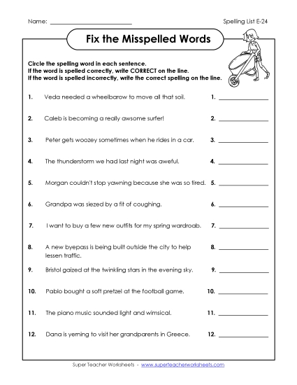Printable Worksheets - Fix the Misspelled Words (E-24)