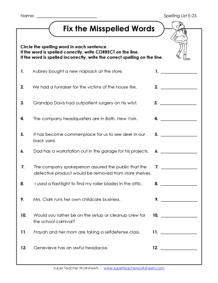 Printable Worksheets - Fix the Misspelled Words (E-25) Printable Worksheets - Fix the Misspelled Words (E-25)