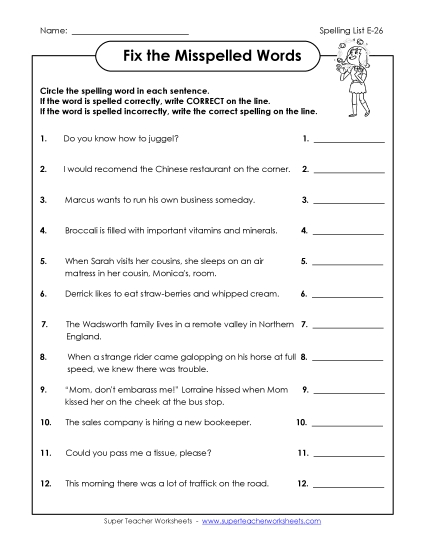 Printable Worksheets - Fix the Misspelled Words (E-26) 