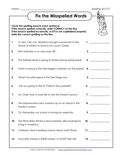 Printable Worksheets - Fix the Misspelled Words (E-27)