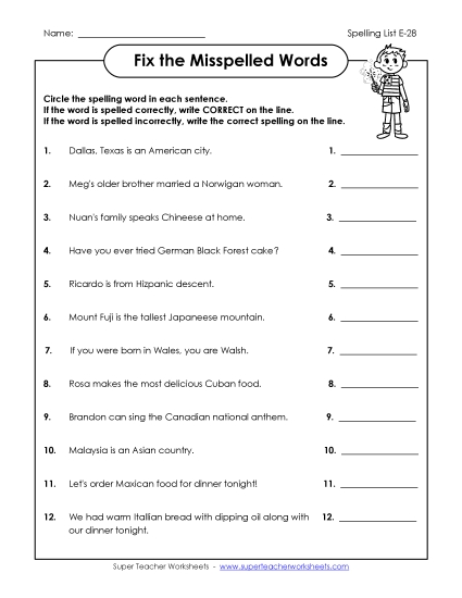 Printable Worksheets - Fix the Misspelled Words (E-28)