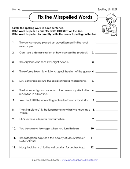 Printable Worksheets - Fix the Misspelled Words (E-29) Printable Worksheets - Fix the Misspelled Words (E-29)