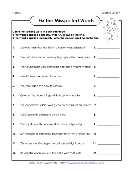 Printable Worksheets - Fix the Misspelled Words (E-9) Printable Worksheets - Fix the Misspelled Words (E-9)