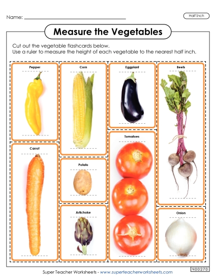 Nearest Half Inch - Flash Cards: Measure the Vegetables (Nearest Half Inch)