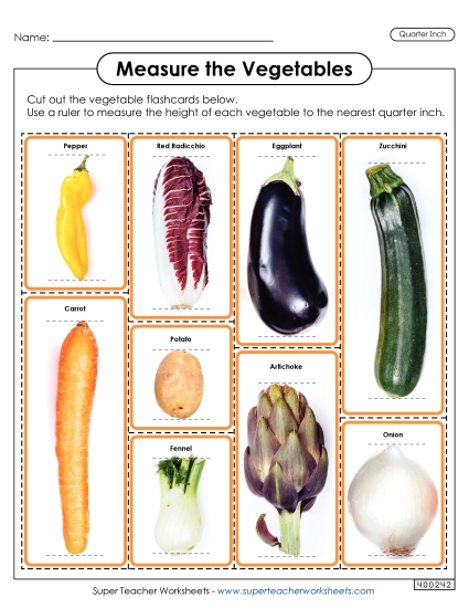 Nearest Quarter Inch - Flash Cards: Measure the Vegetables (Nearest Quarter Inch)