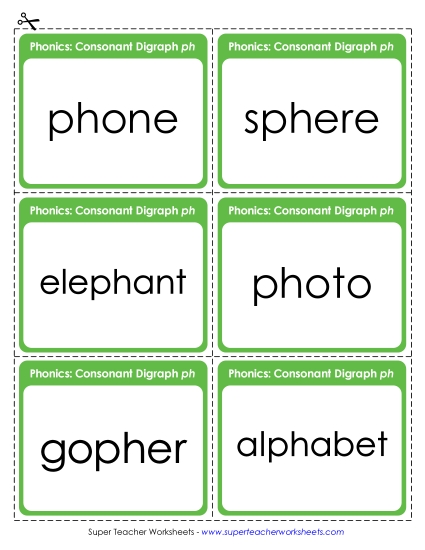 Flashcards, Sliders, Word Wheel - Flash Cards (PH Words) (Printable PDF Worksheet)