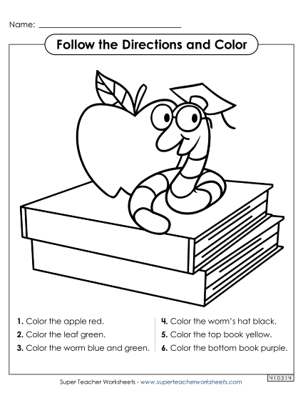 Following Directions - Follow the Directions and Color: Bookworm Picture Following Directions - Follow the Directions and Color: Bookworm Picture