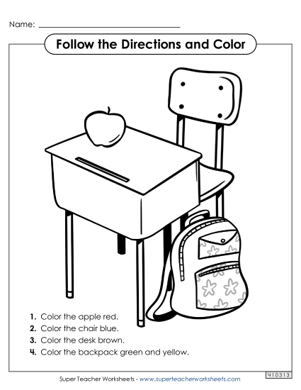Following Directions - Follow the Directions and Color: Desk Picture