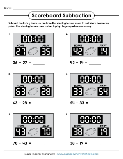 2-Digit Subtraction Worksheets - Football Scoreboard Subtraction 2-Digit Subtraction Worksheets - Football Scoreboard Subtraction