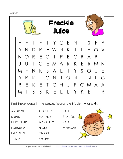 Freckle Juice Word Search Freckle Juice Word Search