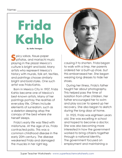 Frida Kahlo (Printable PDF Worksheet)