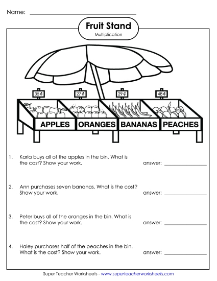 Money Times 1-Digit Worksheets - Fruit Stand Money: 1-digit Numbers (Easier)
