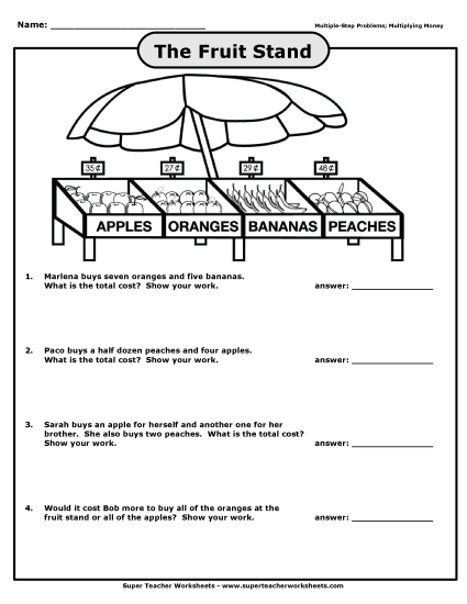 Money Times 1-Digit Worksheets - Fruit Stand Money: Multiple Step Problems (Harder) Money Times 1-Digit Worksheets - Fruit Stand Money: Multiple Step Problems (Harder)