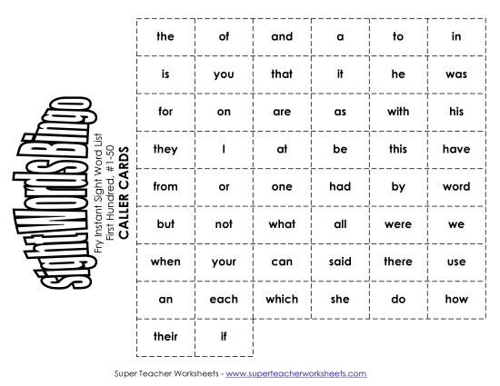 Level 1: First Hundred - Fry Bingo: First Hundred 1-50 Level 1: First Hundred - Fry Bingo: First Hundred 1-50