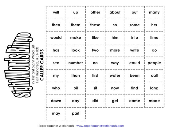 Level 1: First Hundred - Fry Bingo: First Hundred 51-100 Level 1: First Hundred - Fry Bingo: First Hundred 51-100