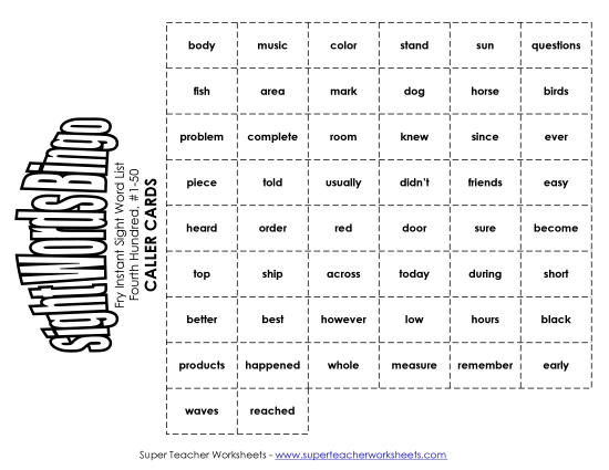 Level 4: Fourth Hundred - Fry Bingo: Fourth Hundred 1-50 Level 4: Fourth Hundred - Fry Bingo: Fourth Hundred 1-50