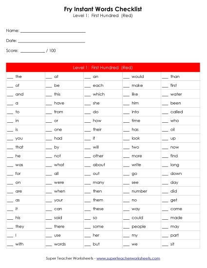 Fry Instant Word Checklist - Fry Word Checklists Fry Instant Word Checklist - Fry Word Checklists