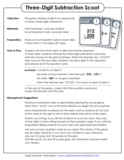 3-Digit Subtraction - Game: 3-Digit Subtraction Scoot! 3-Digit Subtraction - Game: 3-Digit Subtraction Scoot!