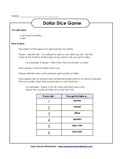 Coins Only (No Bills) - Game: Dollar Dice