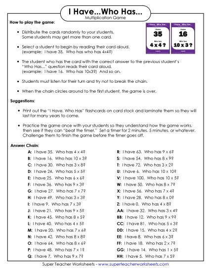 Worksheets and Games - Game: Multiplication Game: I Have / Who Has Worksheets and Games - Game: Multiplication Game: I Have / Who Has