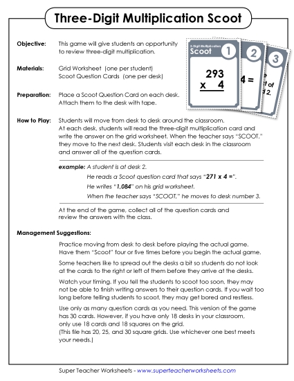 Games and Task Cards - Game: Multiplication Scoot! (3 Dig. by 1 Dig.)