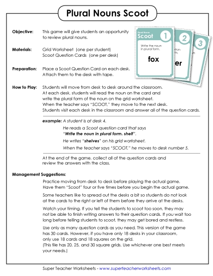 Skill Worksheets Plural Nouns (Not Specific to E-7) - Game: Plural Noun Scoot! Skill Worksheets Plural Nouns (Not Specific to E-7) - Game: Plural Noun Scoot!