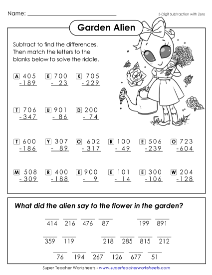 Subtraction - Garden Space Alien (3-Digit Subtraction Across Zero) Subtraction - Garden Space Alien (3-Digit Subtraction Across Zero)