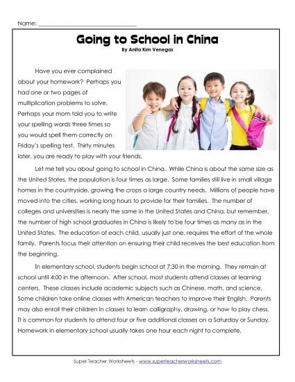Reading Comprehension - Going to School in China