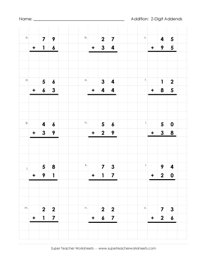 Worksheets (2-Digit Addends) - Graph Paper Math:  2-Digit Addends (Regrouping)