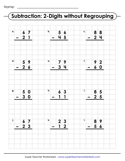 Subtraction Worksheets (No Borrowing) - Graph Paper Subtraction (2-Digits / No Regrouping)