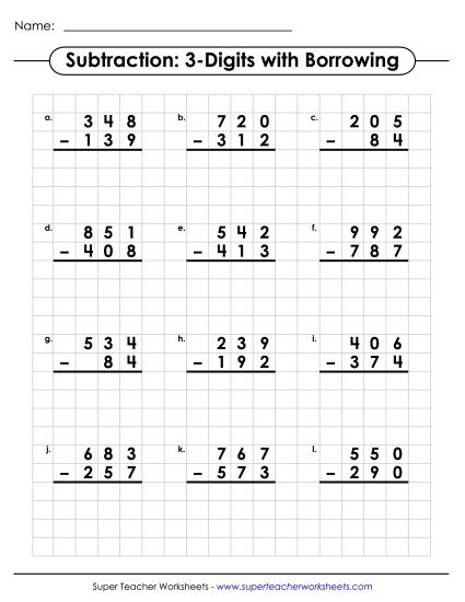 3-Digit Subtraction - Graph Paper Subtraction (3-digits / Regrouping) 3-Digit Subtraction - Graph Paper Subtraction (3-digits / Regrouping)