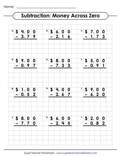 Money Subtraction - Graph Paper Subtraction: Money Across Zero