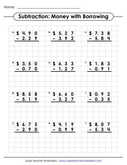 Subtracting Money Worksheets - Graph Paper Subtraction: Money