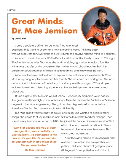 Reading Comprehension - Great Minds: Dr. Mae Jemison Reading Comprehension - Great Minds: Dr. Mae Jemison