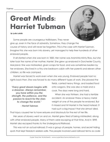 Sample Worksheet Images - Great Minds: Harriet Tubman