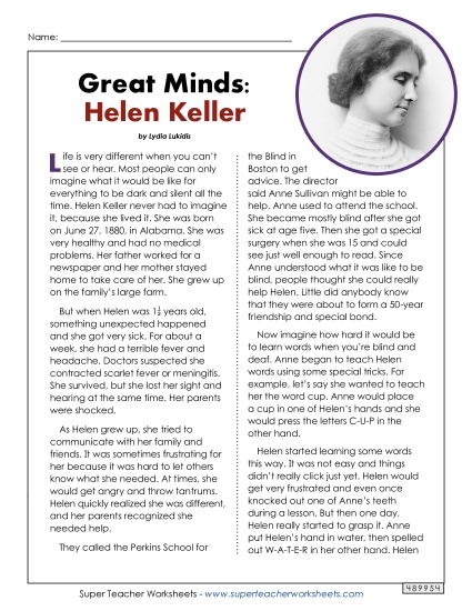 Reading Comprehension - Great Minds: Helen Keller Reading Comprehension - Great Minds: Helen Keller