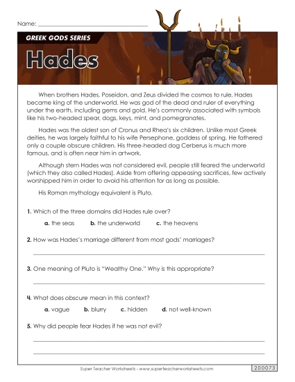 Reading Comprehension - Greek Gods Series: Hades
