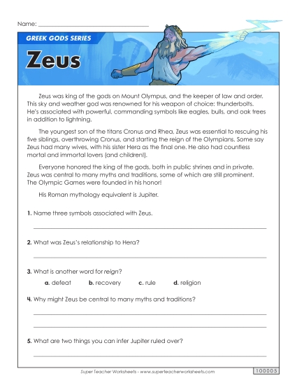 Reading Comprehension - Greek Gods Series: Zeus