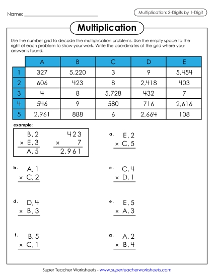 3-Digit Times 1-Digit Printables - Grid Puzzle: 3-digit times 1-digit