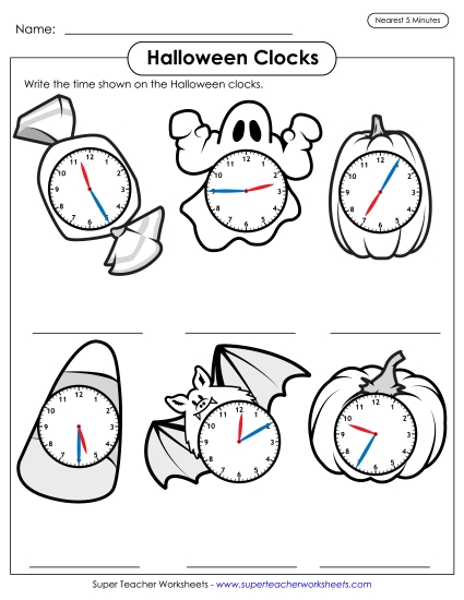 Telling Time - Halloween Clocks - Nearest 5 Minutes