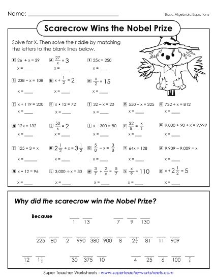 More Halloween Math - Halloween Math Riddle: Scarecrow (Basic Algebra) More Halloween Math - Halloween Math Riddle: Scarecrow (Basic Algebra)
