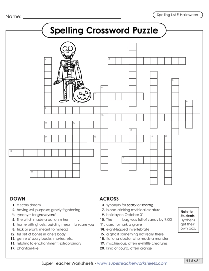 Printable Worksheets - Halloween Spelling Crossword