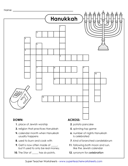 Hanukkah Puzzles - Hanukkah Crossword Puzzle (Printable PDF Worksheet)